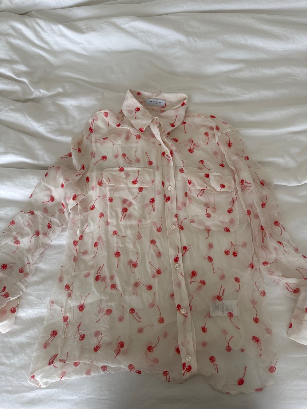 Equipment Cherry-Print Sheer Button-Down in Cream and Red